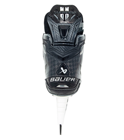 A photo of the Bauer Supreme Intermediate MACH Hockey Skate with Pulse Steel in colour black. Rear view.
