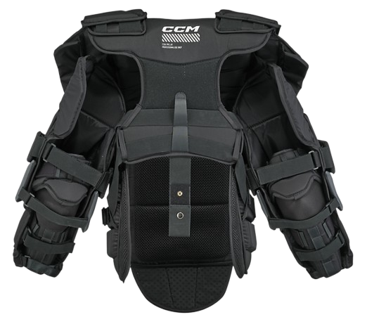 CCM PRO SPEC Goalie Chest Protector in colour black and grey. Rear view.