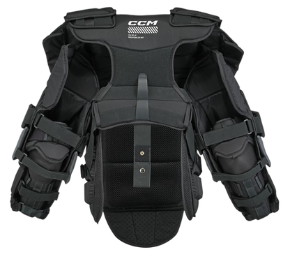 CCM PRO SPEC Goalie Chest Protector in colour black and grey. Rear view.