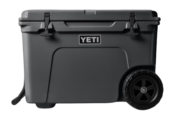 A photo of the Yeti Tundra Haul Wheeled Cooler in colour charcoal, front, closed view.