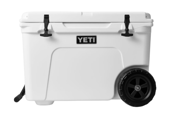 A photo of the Yeti Tundra Haul Wheeled Cooler in colour white, front, closed view.