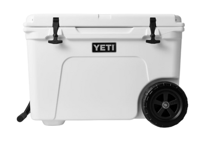 A photo of the Yeti Tundra Haul Wheeled Cooler in colour white, front, closed view.