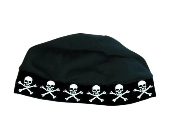 A photo of the Sidelines Skull Cap in colour black with skull logos.