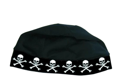 A photo of the Sidelines Skull Cap in colour black with skull logos.