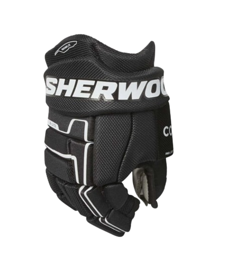 A photo of the Sherwood CODE Encrypt 4 Hockey Gloves in colour black. Front view.