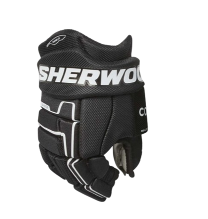 A photo of the Sherwood CODE Encrypt 4 Hockey Gloves in colour black. Front view.