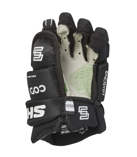 A photo of the Sherwood CODE Encrypt 4 Hockey Gloves in colour black. Palm view.