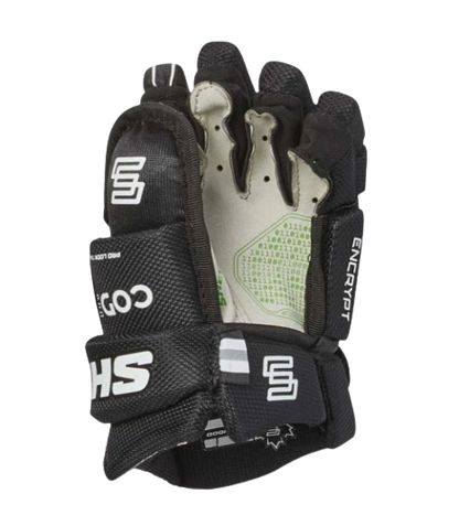 A photo of the Sherwood CODE Encrypt 4 Hockey Gloves in colour black. Palm view.