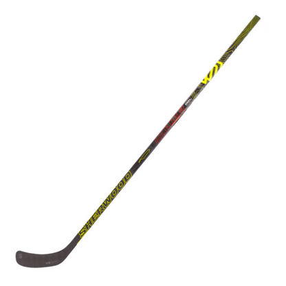 A photo of the Sherwood Rekker Legend Pro Hockey Stick in colour black, yellow and red. Front view.