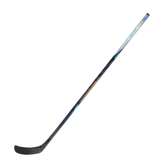 A photo of the Bauer Nexus Tracer Hockey Stick (2024) in colour black and blue holographic. Angled view.
