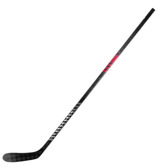 A photo of the Warrior Novium Pro Senior Hockey Stick (2022) in colour black and red. Front view.