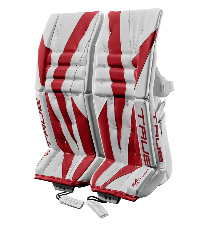 A photo of the True Catalyst 7X3 Senior Goalie Pads in colour white and red. Front view.