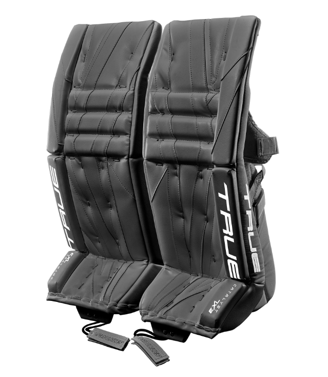 A photo of the True Catalyst 7X3 Senior Goalie Pads in colour black. Front view.