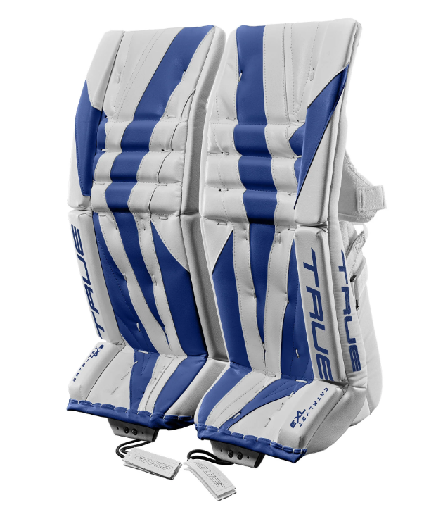 A photo of the True Catalyst 7X3 Senior Goalie Pads in colour white and royal blue. Front view.