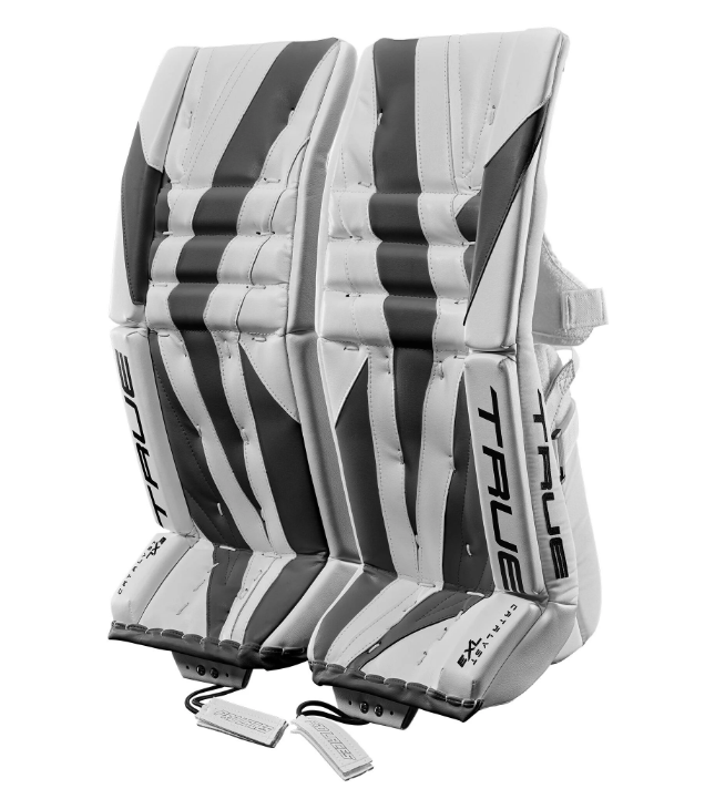 A photo of the True Catalyst 7X3 Senior Goalie Pads in colour white and black. Front view.