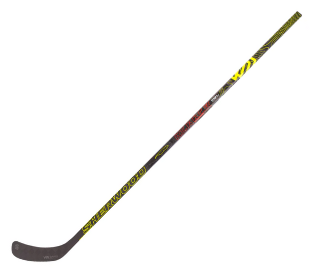 A photo of the Sherwood Rekker Legend Pro Hockey Stick in colour black, yellow and red. Front view.