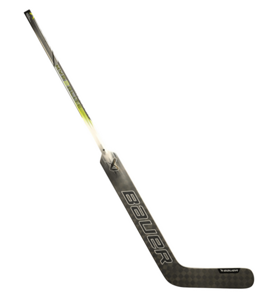 A photo of the Bauer Vapor Hyperlite 2 Senior Goalie Stick in colour grey, silver and green. Angled view.