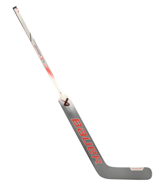 A photo of the Bauer Vapor X5 Pro Senior Goalie Stick in colour red and silver. Angled view.