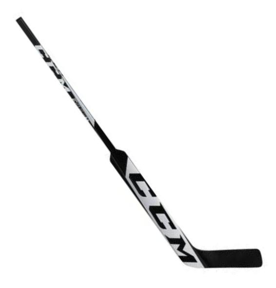 A photo of the CCM Extreme Flex E5.5 Senior Goalie Stick in colour white and black. Angled view.