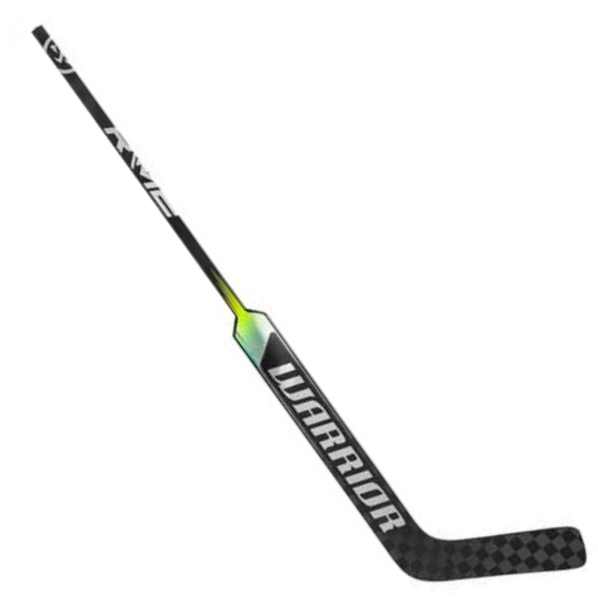 A photo of the Warrior Ritual M2 Pro+ Goalie Stick in colour black and green. Angled view.