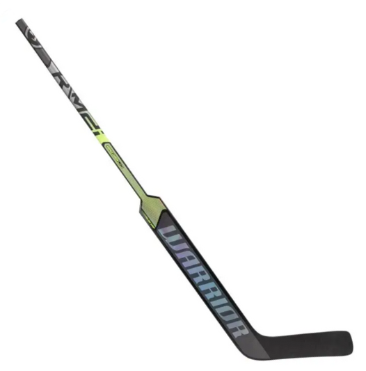 A photo of the Warrior Ritual M2i Senior Goalie Stick in colour green and black. Angled view.