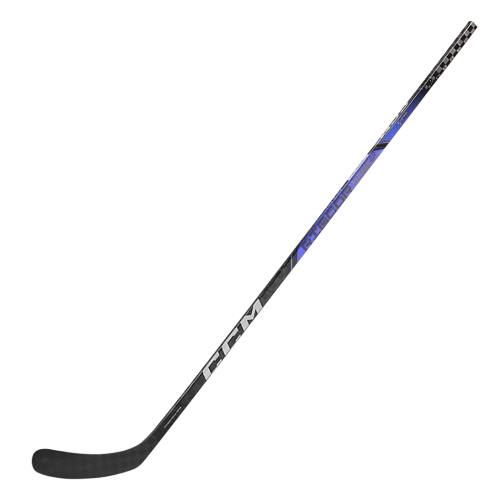 A photo of the CCM Ribcor Trigger 9k Hockey Stick in colour black and purple. Front view.