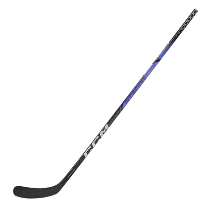 A photo of the CCM Ribcor Trigger 9k Hockey Stick in colour black and purple. Front view.