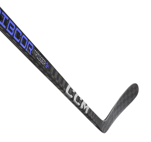 A photo of the CCM Ribcor Trigger 9k Hockey Stick in colour black and purple. Blade view.