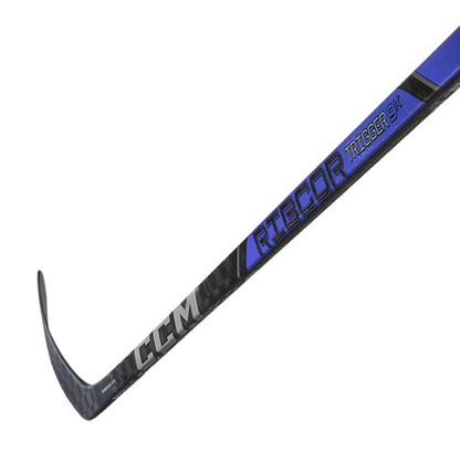 A photo of the CCM Ribcor Trigger 9k Hockey Stick in colour black and purple. Blade view.