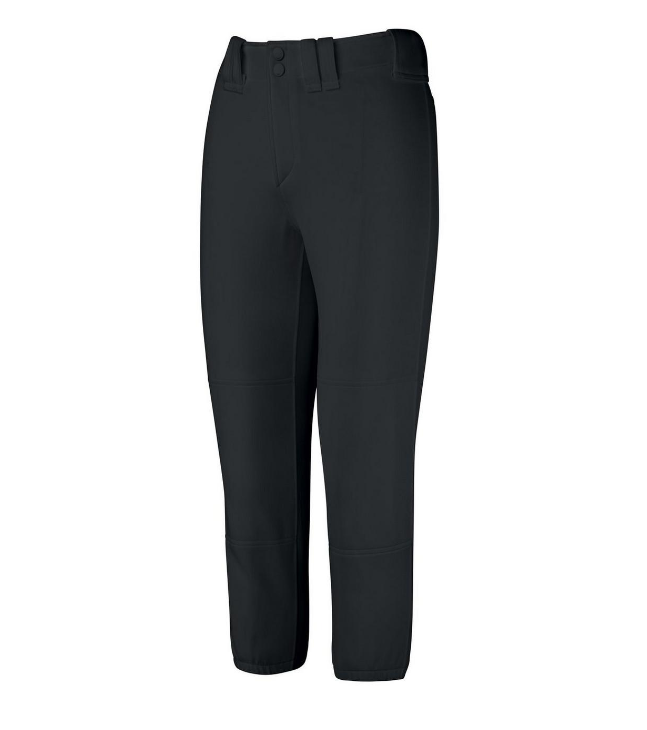 A photo of the Mizuno Women's Belted Softball Pants in colour black. Front view.