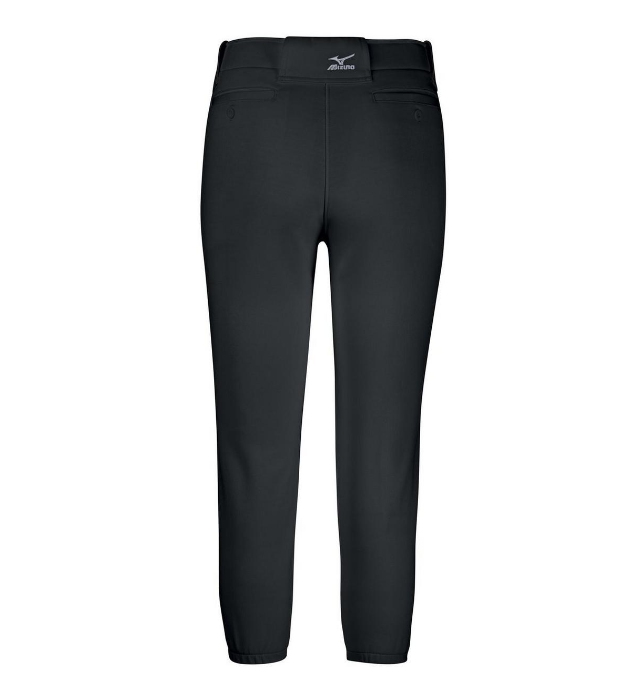 A photo of the Mizuno Women's Belted Softball Pants in colour black. Rear view.