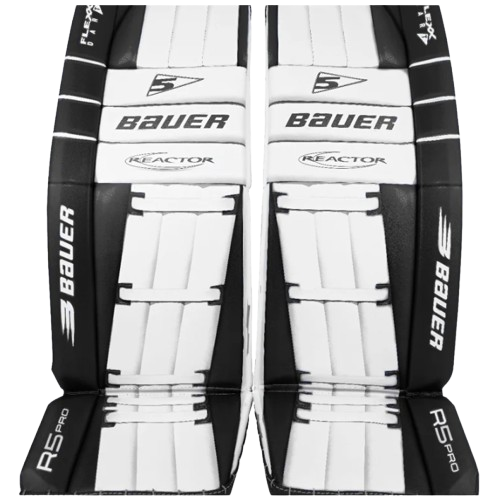 A photo of the 2024 Bauer R5 Pro Goalie Pads in colour white and black.