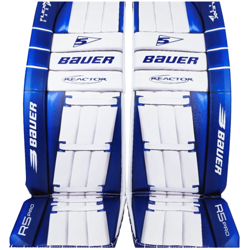 A photo of the 2024 Bauer R5 Pro 
Goalie Pads in colour white and blue.