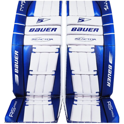 A photo of the 2024 Bauer R5 Pro 
Goalie Pads in colour white and blue.