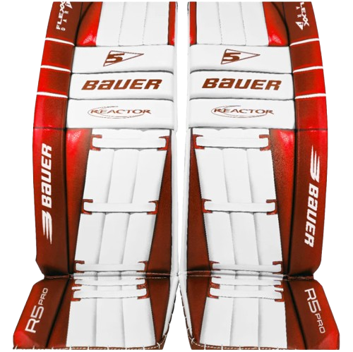 A photo of the 2024 Bauer R5 Pro Goalie Pads in colour white and red.