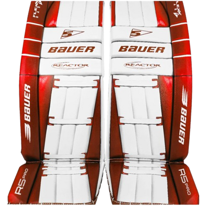 A photo of the 2024 Bauer R5 Pro Goalie Pads in colour white and red.