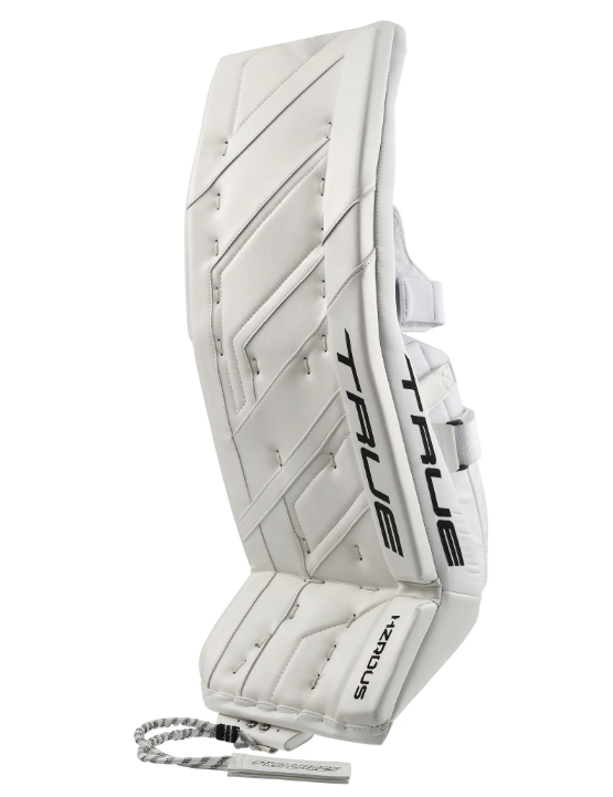 A photo of the True HZRDUS 9X4 Senior Goalie Pad in colour white, angled view.