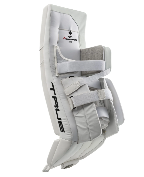 A photo of the True HZRDUS 9X4 Senior Goalie Pad in colour white, angled rear view.