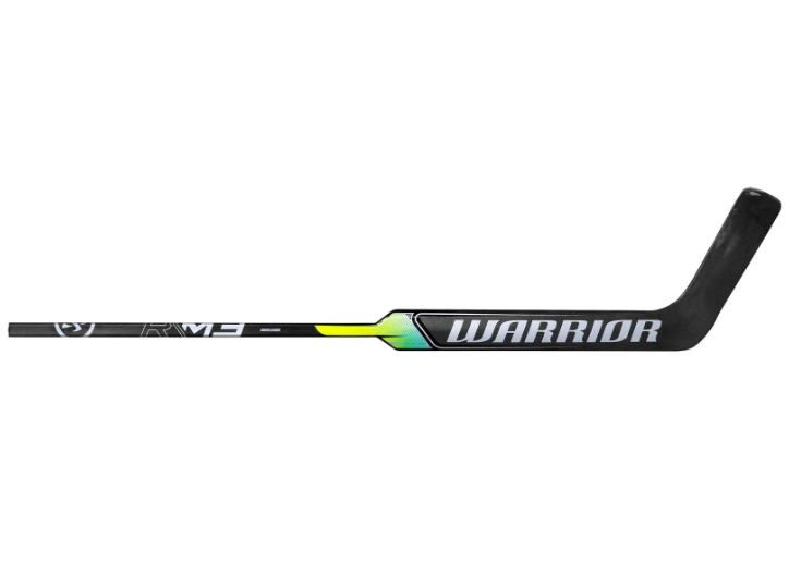 A photo of the Warrior Ritual R\M3 Goalie Stick - Regular Hand in colour black, yellow and green. Side view.