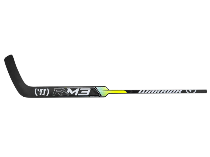 A photo of the Warrior Ritual R\M3 Goalie Stick - Regular Hand in colour black, yellow and green. Side view.