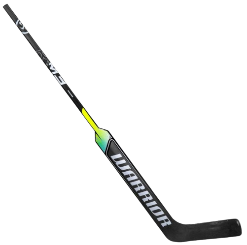 A photo of the Warrior Ritual R\M3 Goalie Stick - Regular Hand in colour black, yellow and green. Angled view.