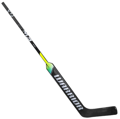 A photo of the Warrior Ritual R\M3 Goalie Stick - Regular Hand in colour black, yellow and green. Angled view.