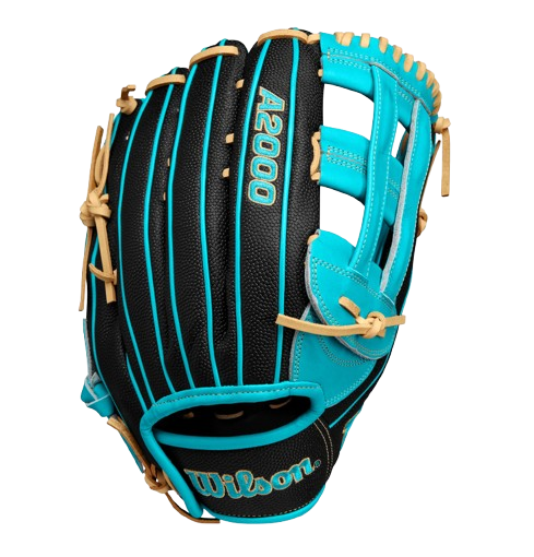 A photo of the Wilson 2024 A2000 PF50SS 12.25" Outfield Glove in colour teal and black. Rear view. 