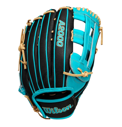 A photo of the Wilson 2024 A2000 PF50SS 12.25" Outfield Glove in colour teal and black. Rear view. 