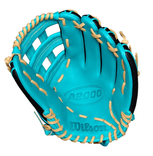 A photo of the Wilson 2024 A2000 PF50SS 12.25" Outfield Glove in colour teal and black. Palm view. 