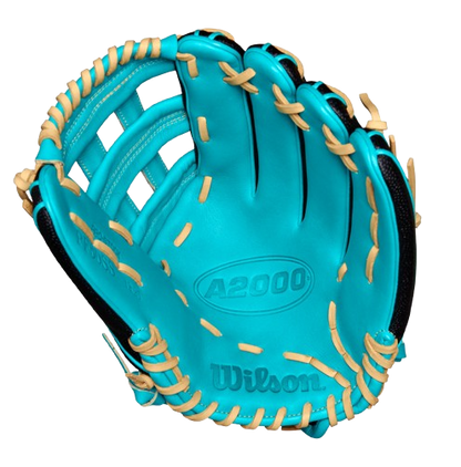 A photo of the Wilson 2024 A2000 PF50SS 12.25" Outfield Glove in colour teal and black. Palm view. 