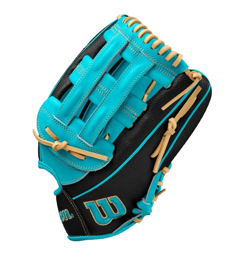 A photo of the Wilson 2024 A2000 PF50SS 12.25" Outfield Glove in colour teal and black. Side view. 