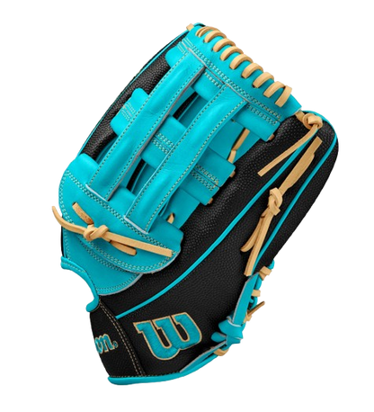 A photo of the Wilson 2024 A2000 PF50SS 12.25" Outfield Glove in colour teal and black. Side view. 