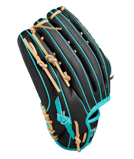 A photo of the Wilson 2024 A2000 PF50SS 12.25" Outfield Glove in colour teal and black. Side view. 