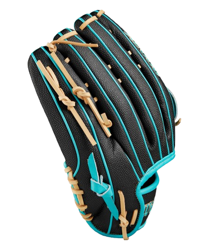 A photo of the Wilson 2024 A2000 PF50SS 12.25" Outfield Glove in colour teal and black. Side view. 